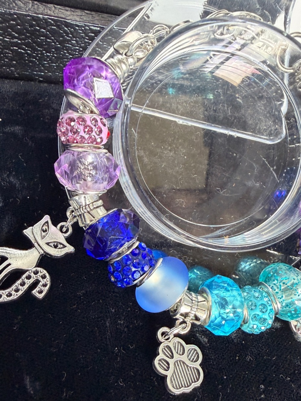 Cat Lovers Blue to Purple Glass Bead Charm Snake Chain bracelet with Cat & Paw
